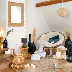 Banco bege em bambu e corda 32cm