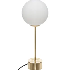 Candeeiro de mesa dris bola branca e base reta dourada