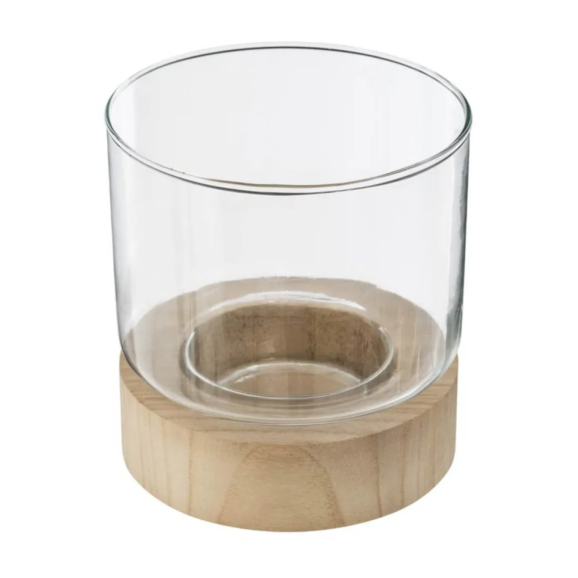 Castiçal em vidro com base em madeira 13,6x13cm