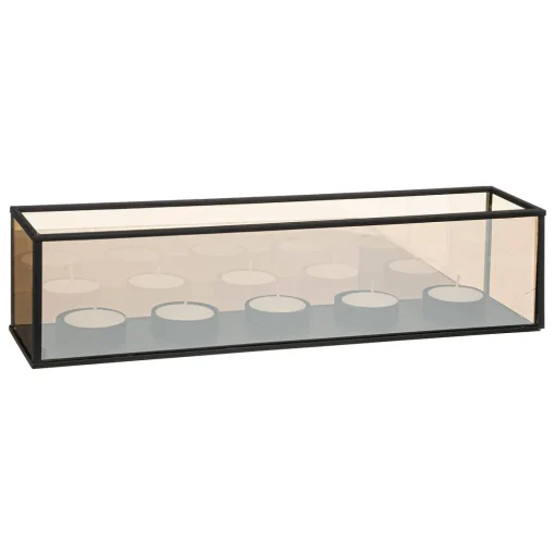 Castiçal em vidro e metal preto com 5 velas tealight