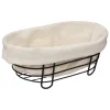 Cesto de pão oval em metal preto com tecido branco