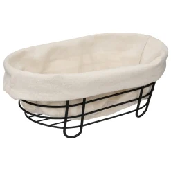 Cesto de pão oval em metal preto com tecido branco