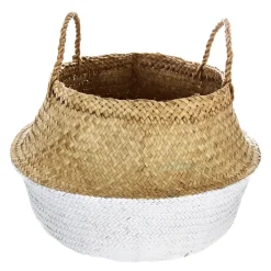 Cesto decorativo seagrass natural e base branca com pegas