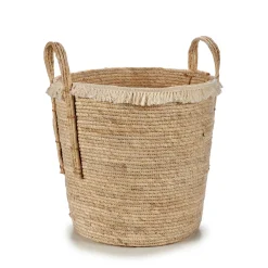 Cesto Redondo Palha Bege Com Pelo 33x34cm