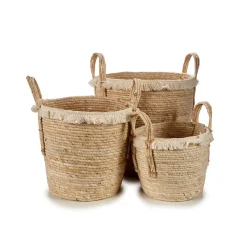 Cesto Redondo Palha Bege Com Pelo 33x34cm