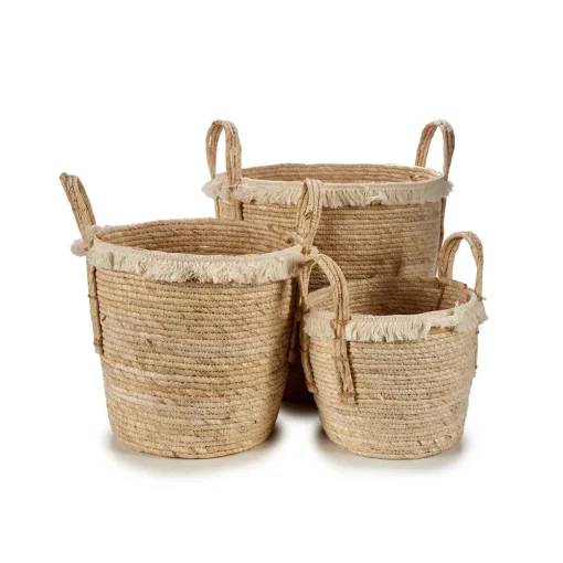 Cesto Redondo Palha Bege Com Pelo 33x34cm