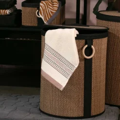 Cesto wc em bambu com tampa e alça de madeira 29cm