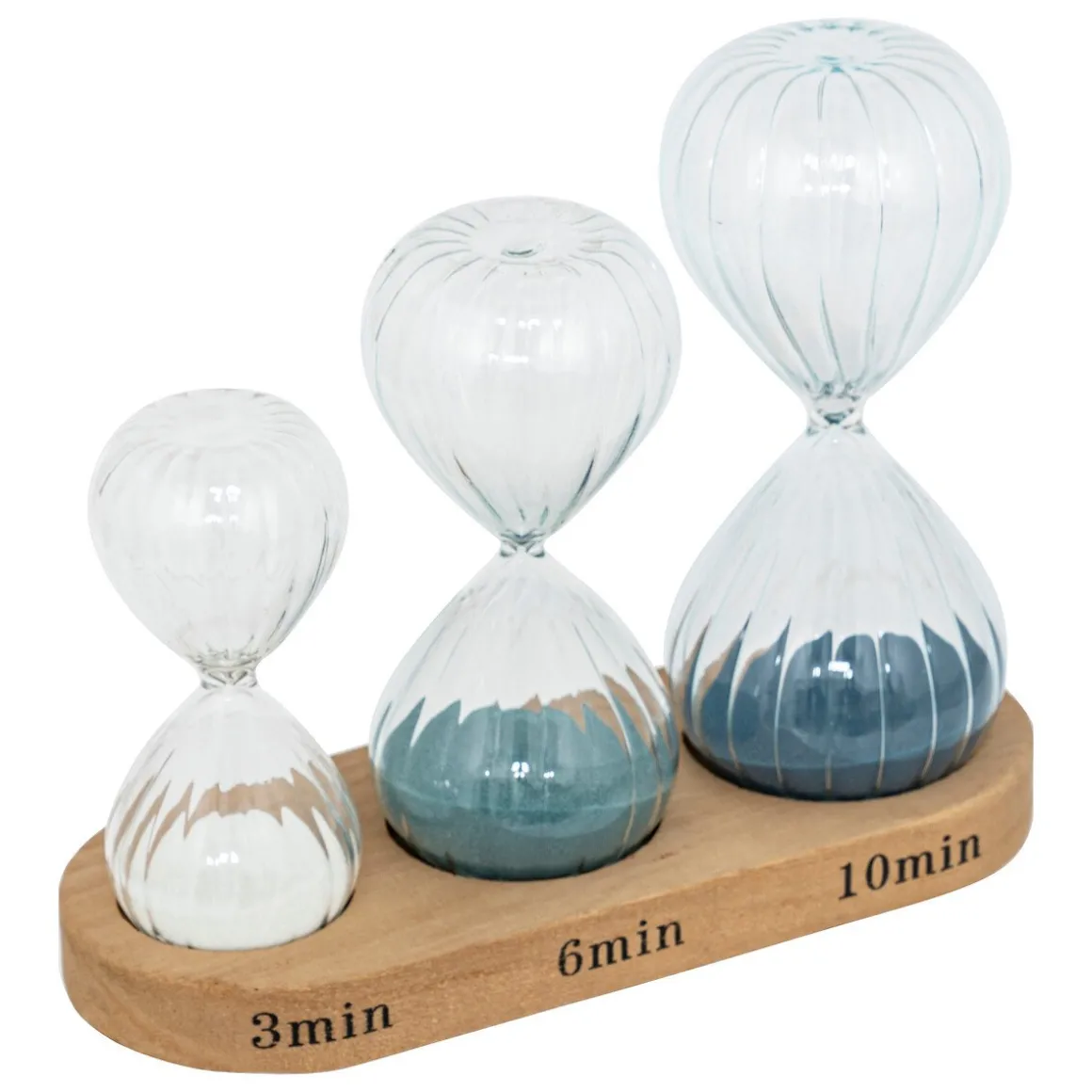 Conjunto de 3 ampulhetas em vidro com tabuleiro DE madeira