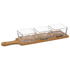 Conjunto de 3 taças de vidro com tábua em bambu