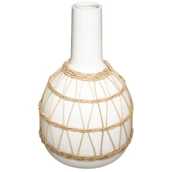 Jarra branca em cerâmica e decoração em rattan 29cm