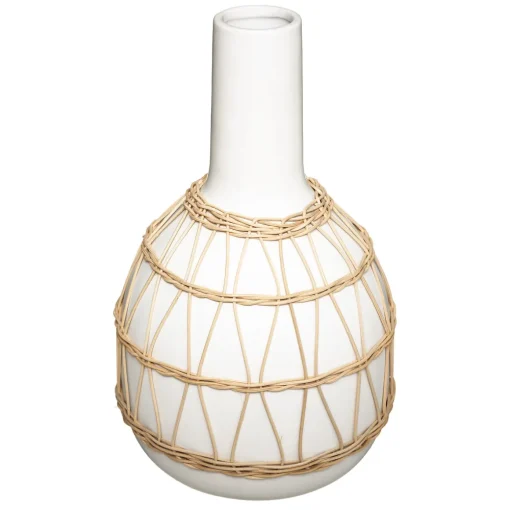 Jarra branca em cerâmica e decoração em rattan 29cm