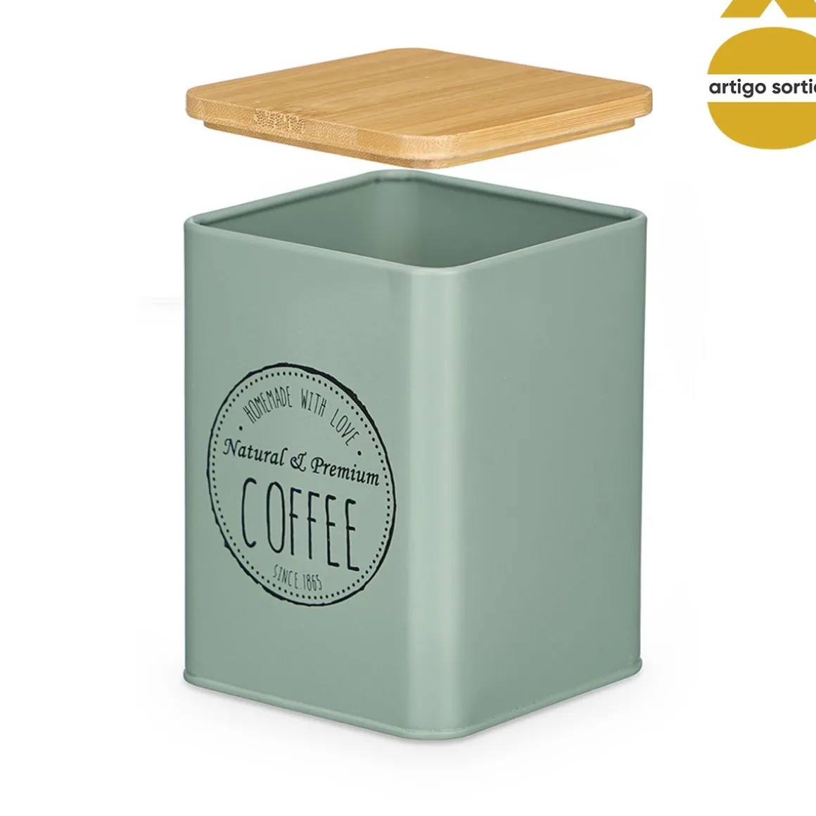 Lata verde de metal com tampa bambu 13,5cm