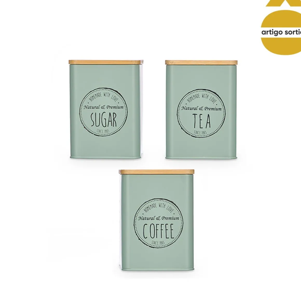 Lata verde de metal com tampa bambu 13,5cm