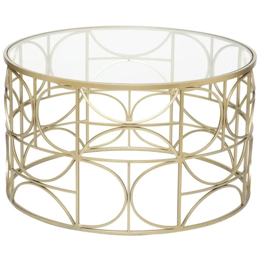 Mesa de centro em metal dourado com tampo de vidro 71cm
