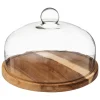 Prato para bolo com tampa em vidro e base em madeira acácia 28cm
