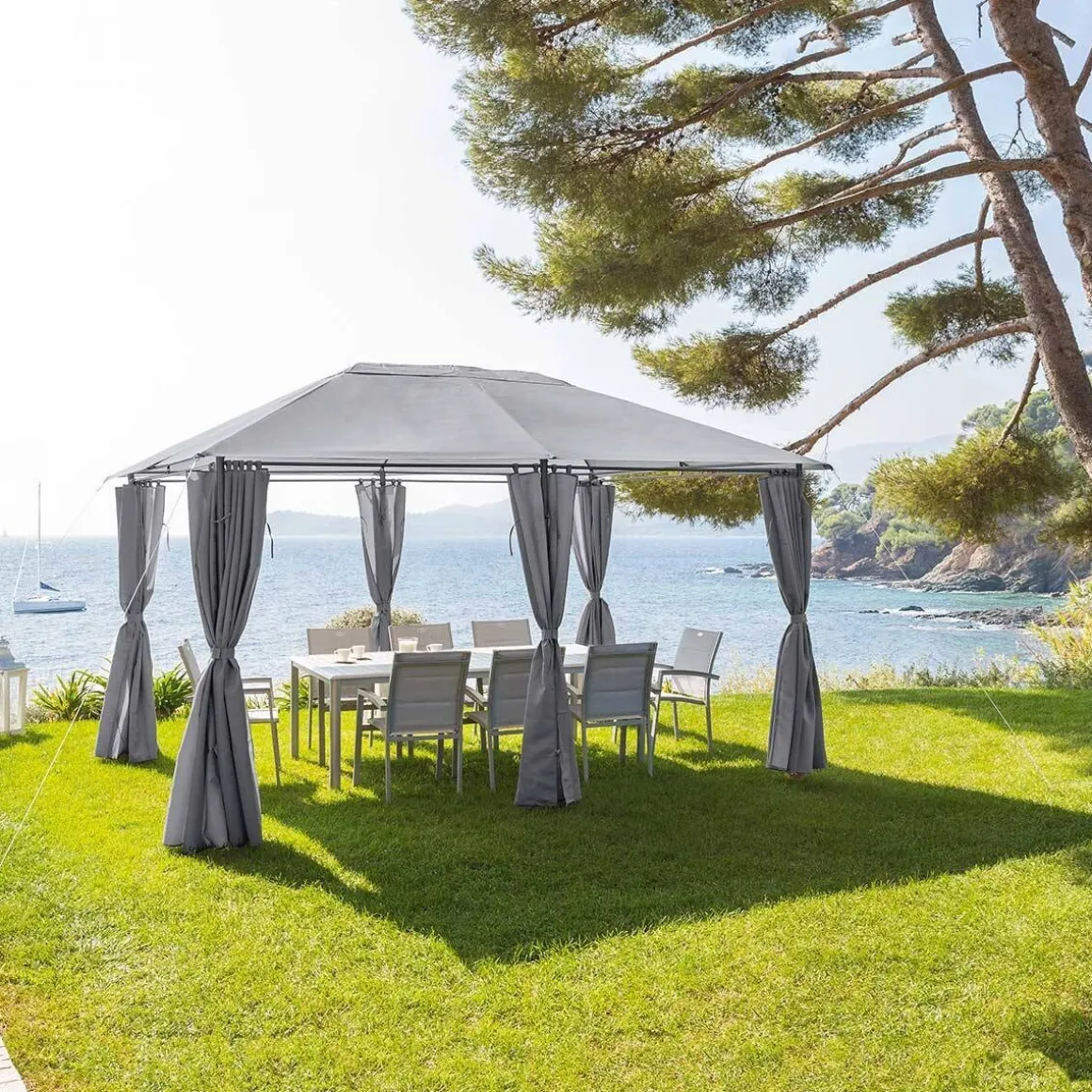 Pérgola SANTORINI cinza ardósia com cortinas 3x4m