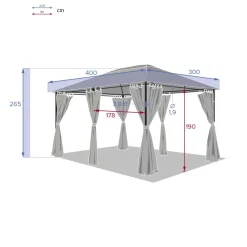 Pérgola SANTORINI cinza ardósia com cortinas 3x4m
