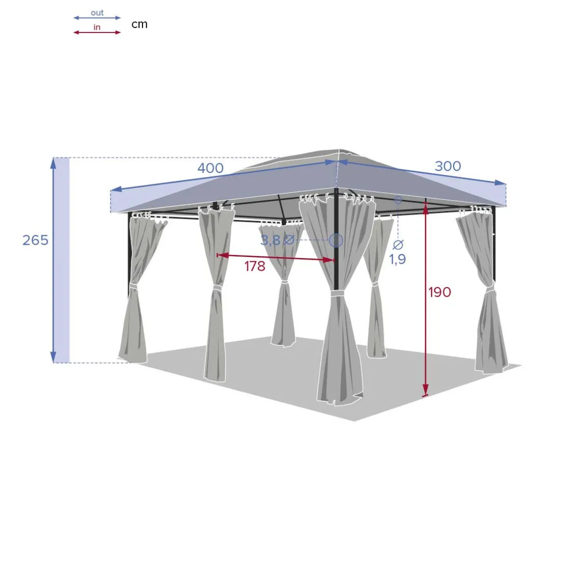 Pérgola SANTORINI cinza ardósia com cortinas 3x4m