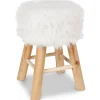 Tamborete com pelo branco e pernas em madeira