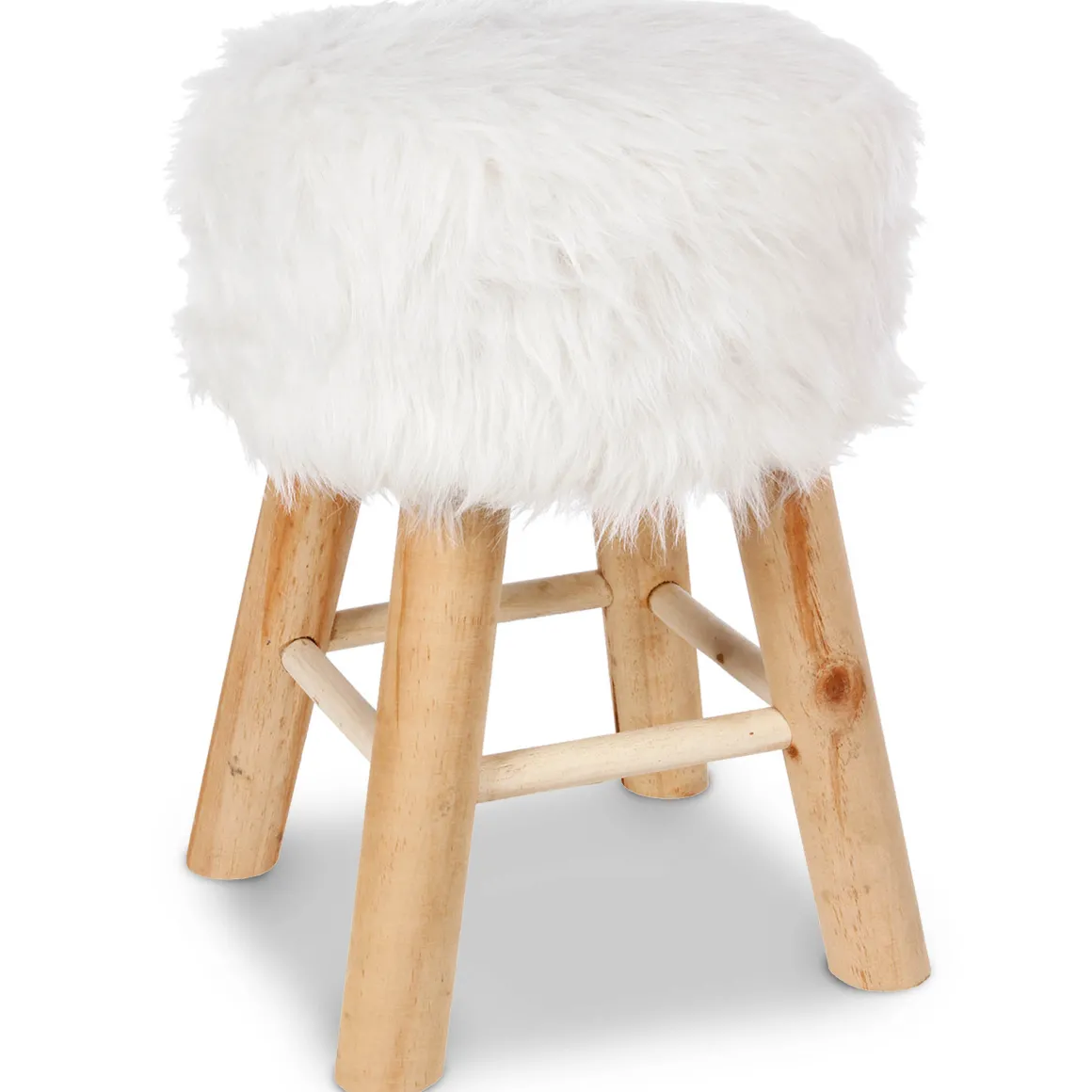 Tamborete com pelo branco e pernas em madeira