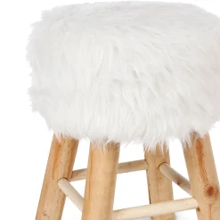 Tamborete com pelo branco e pernas em madeira