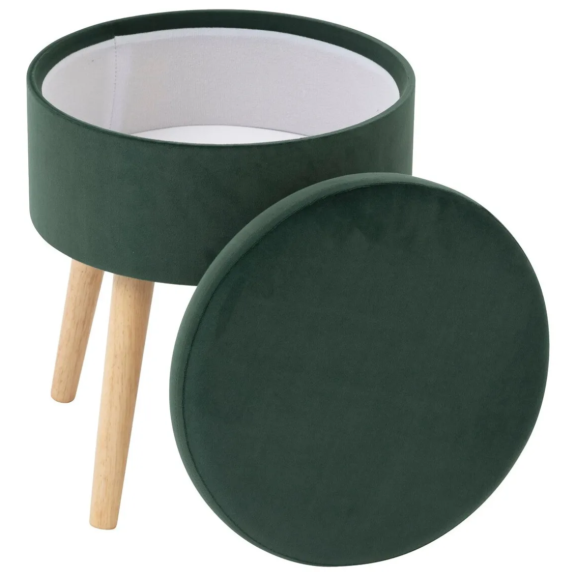 Tamborete verde em veludo com arrumação