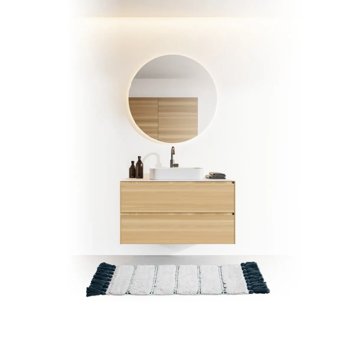 Tapete wc SOLAR azul petróleo com pompons 50x75cm