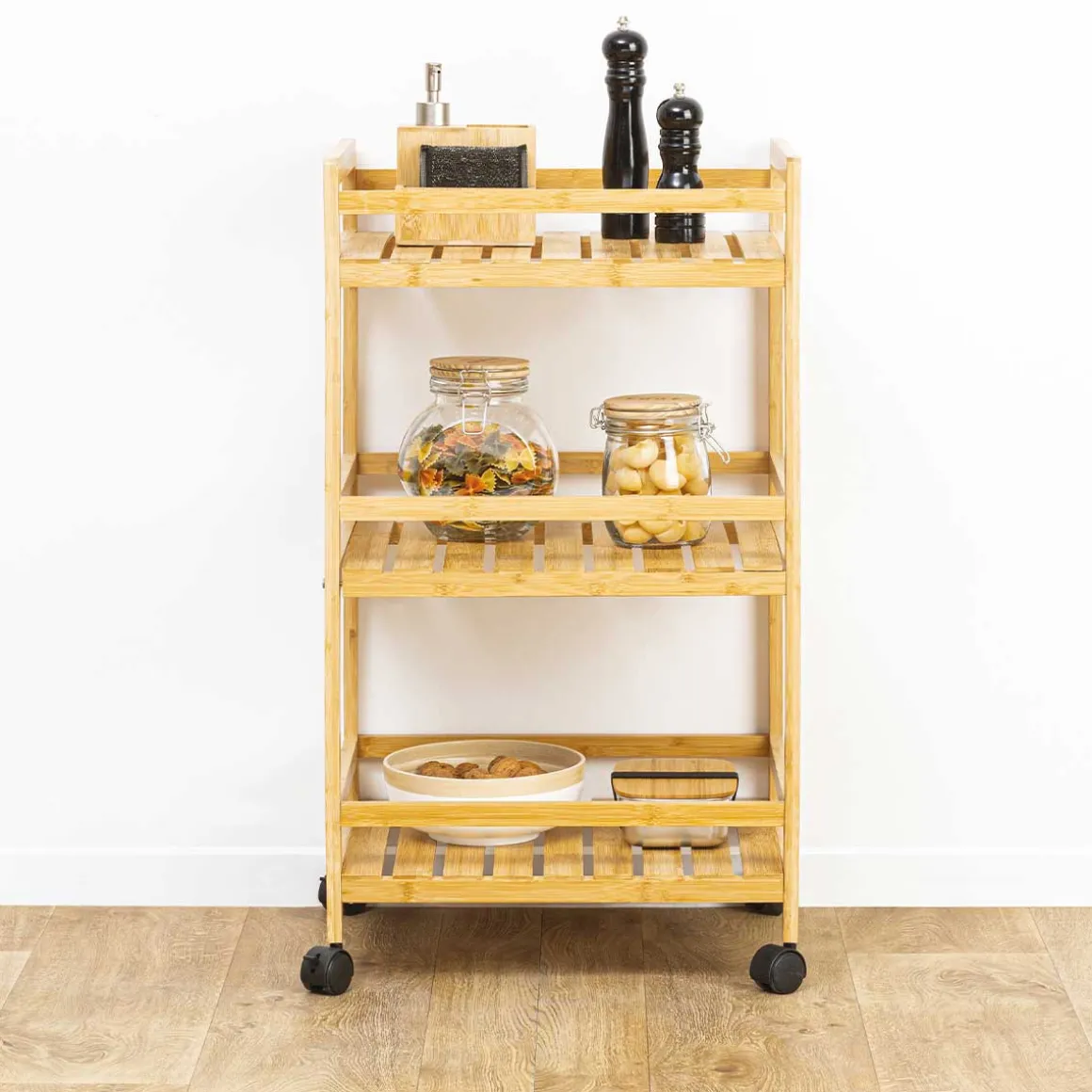 Troley de cozinha castanho em bambu com 3 prateleiras