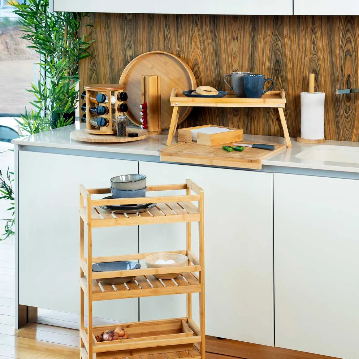Trolley de cozinha em bambu com 3 prateleiras