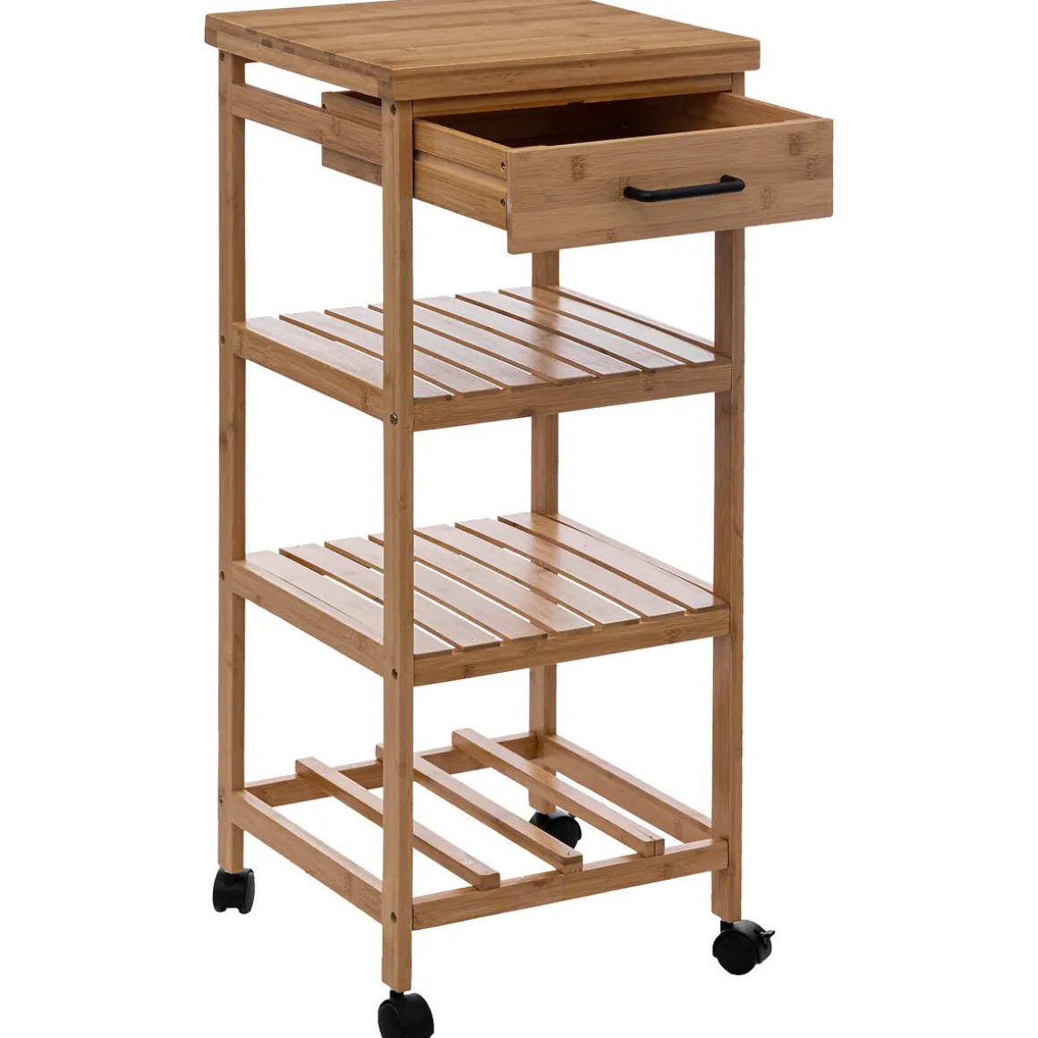 Trolley de cozinha em bambu com 3 prateleiras e gaveta