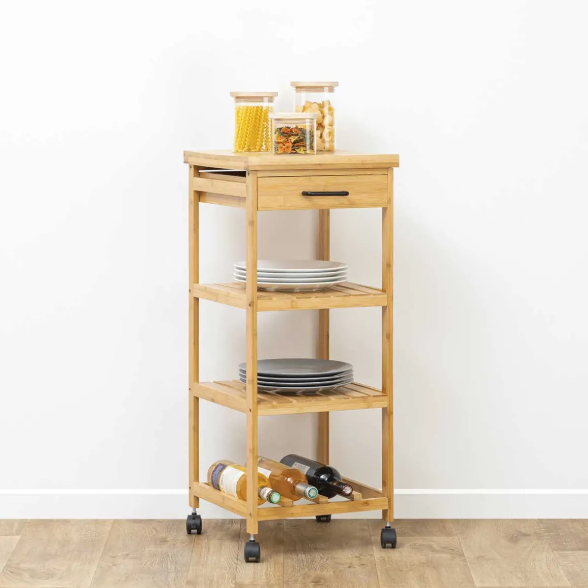 Trolley de cozinha em bambu com 3 prateleiras e gaveta