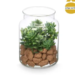 Vaso com planta artificial em vidro 16cm